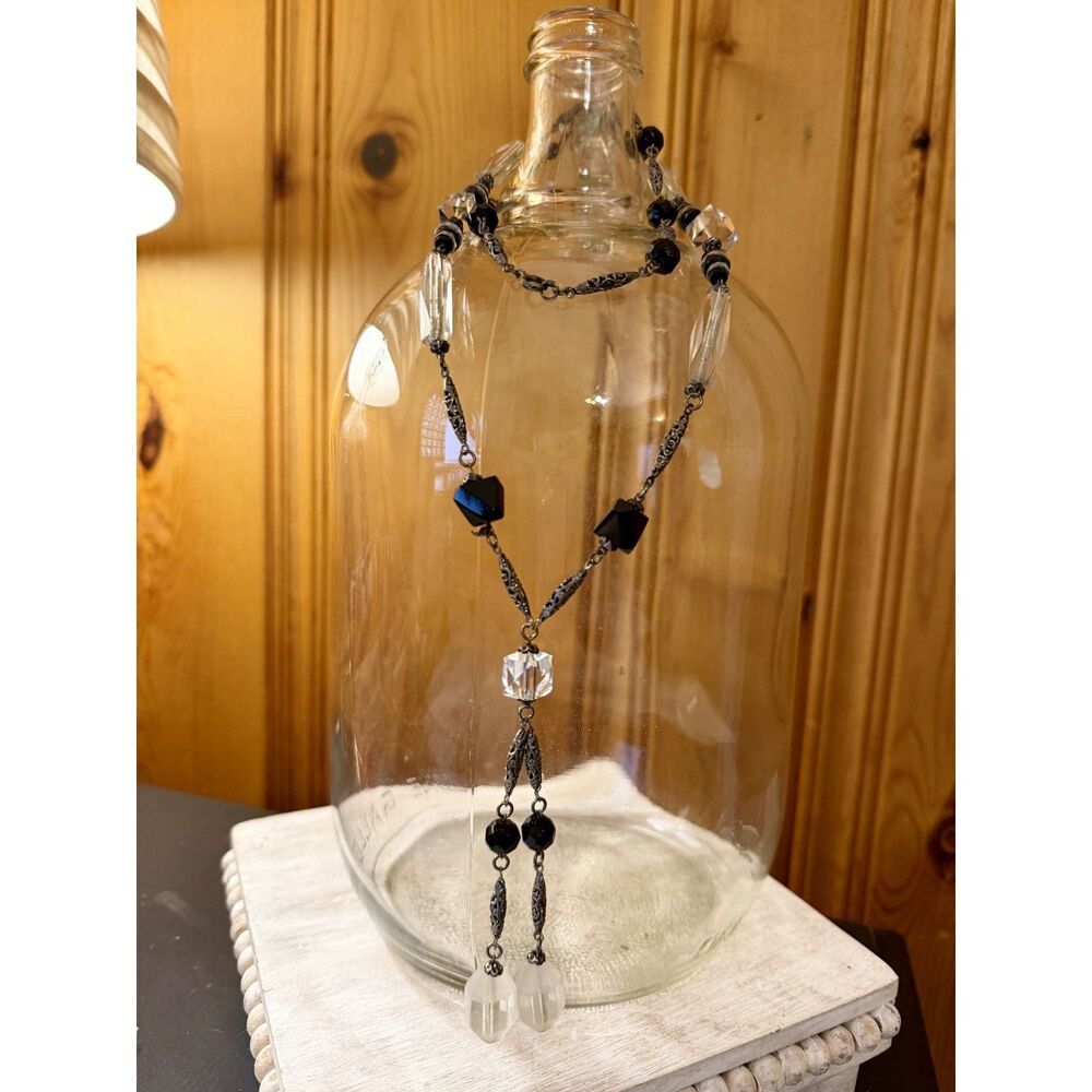 Vintage Art Deco Filigree Lariat Necklace, 1930s Black Clear Glass Tassel Drop